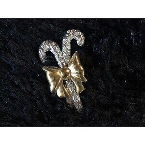 Vintage Signed Roman Candy Cane Rhinestone Holiday Brooch Two Tone